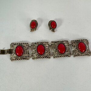 Vtg Chunky Metal Red Plastic Cabochon Clasp Bracelet Clip On Earrings Set 70's